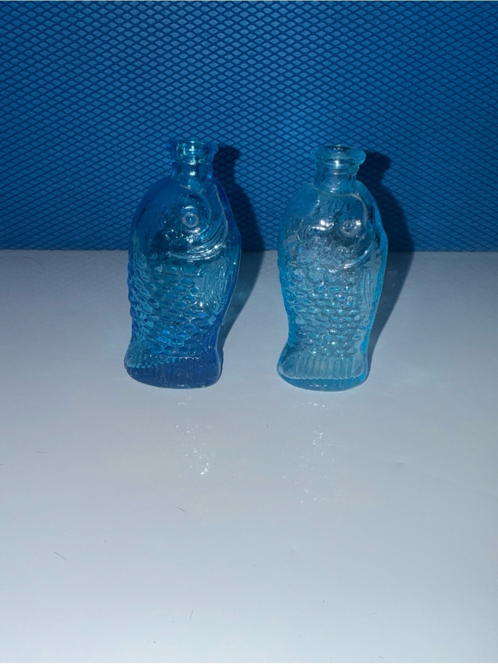 Lot Of 2 Dr Fisch's Bitters Blue Glass Fish Shape Miniature Wheaton 2 3/4” Read